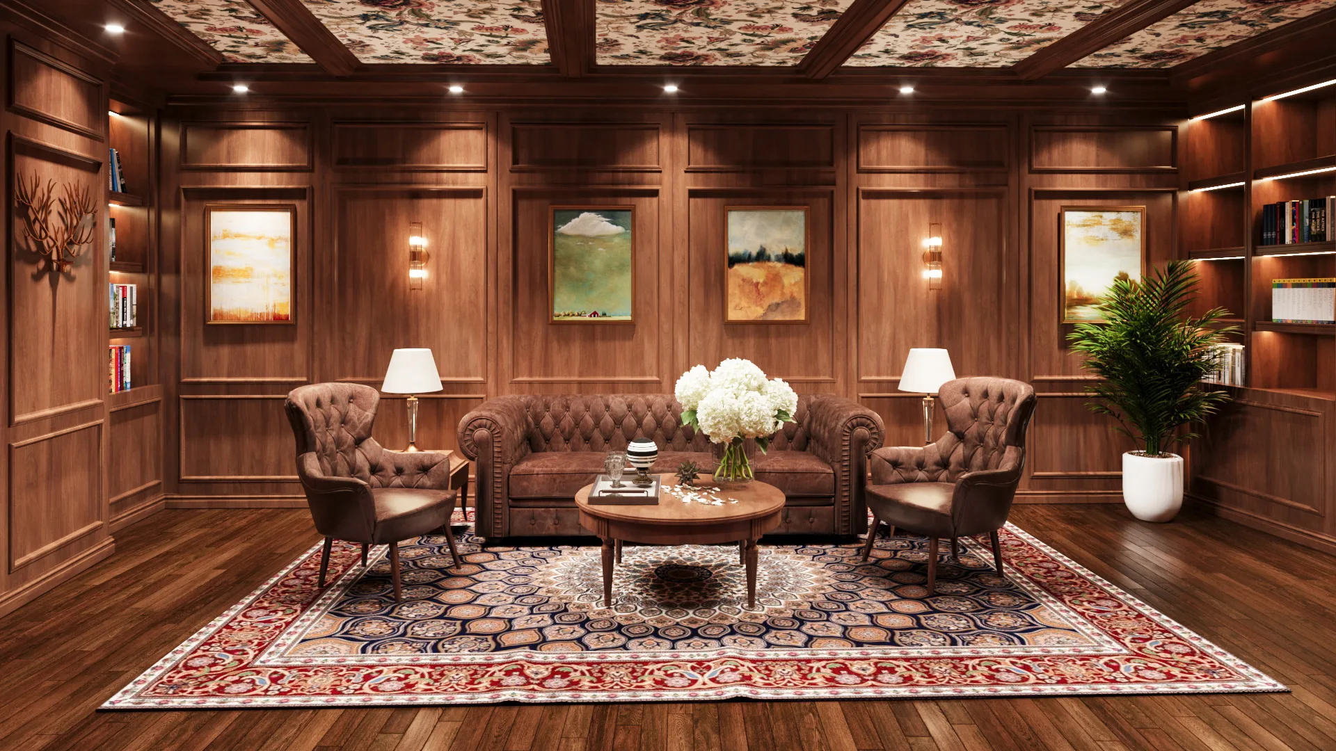 Warm layered lighting in a wood-panelled lounge at The Leela